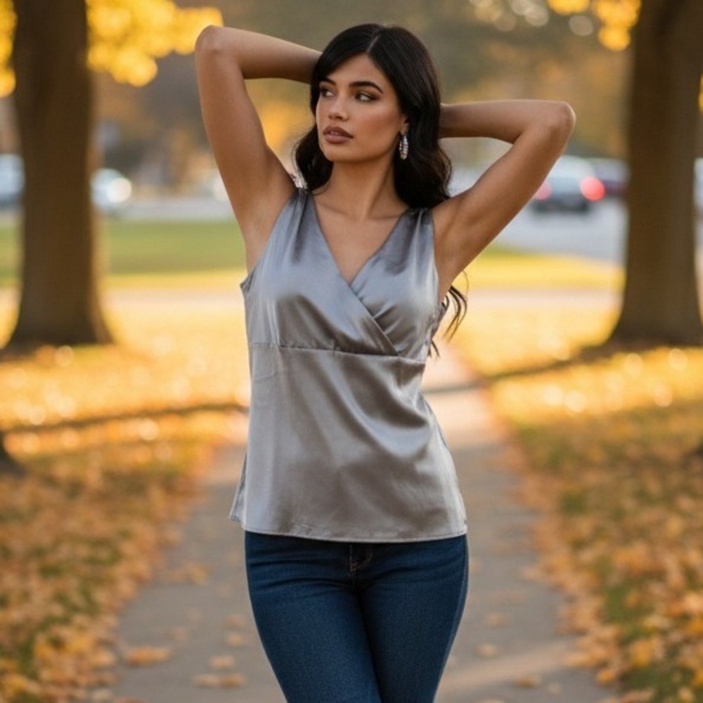 INC International Concepts 24W Pewter Silk Blend Surplice V-Neck Tank Top 3X NWT - Picture 3 of 12